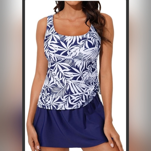 Aleumdr Other - Women's Blue Leaf Print Tankini With Skirt Swimwear